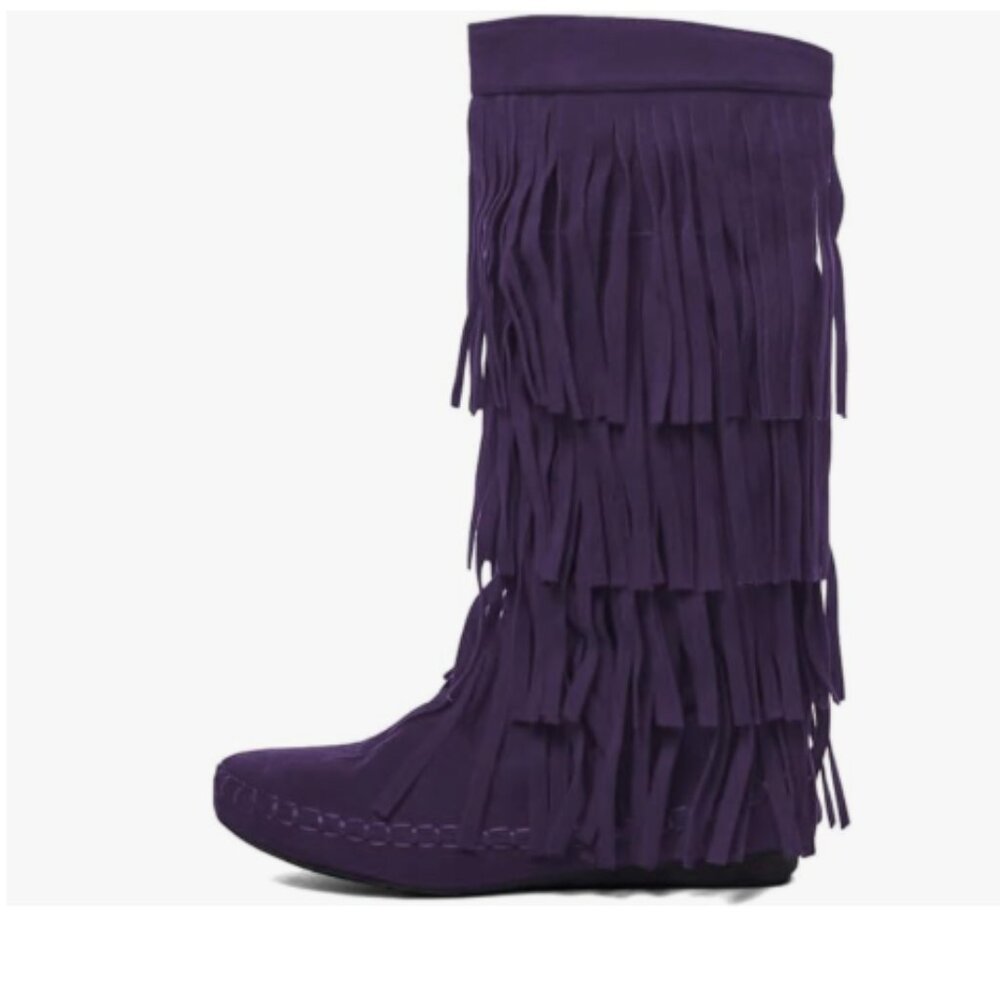 Purple Women Classic Layer Fringe Moccasin Boots Round Toe Flat Knee High Boot